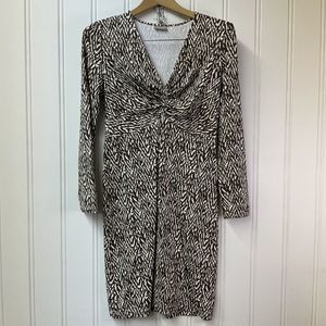 Ellie‎ Kai Dress Size 4 V-Neck Twist 3/4 Sleeve Brown Cream Print Womens